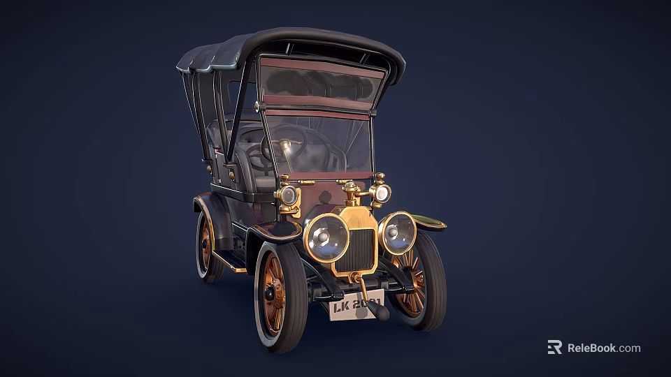 Vintage Classic Car With Convertible Top Gold Accents And Black Body 3d model 