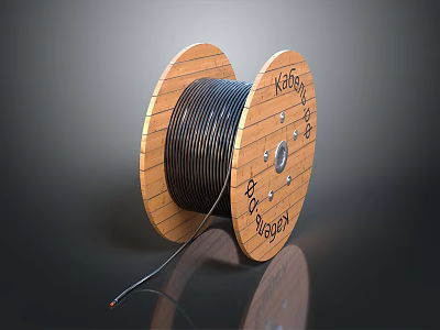 High Quality Wooden Spool With Black Wound Wire And Natural Wood Grain Texture 3d model