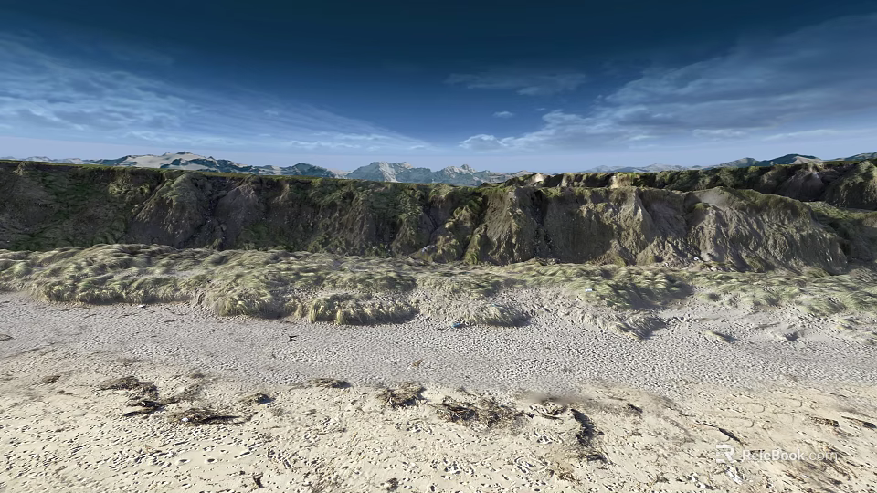 Natural Garden Landscape With Sandy Ground Grassy Slopes And Mountain Backdrop 3d model 