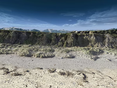 Natural Garden Landscape With Sandy Ground Grassy Slopes And Mountain Backdrop 3d model
