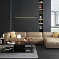 Modern Beige Leather Sofa And Black Coffee Table Set With Decorative Items 3d model