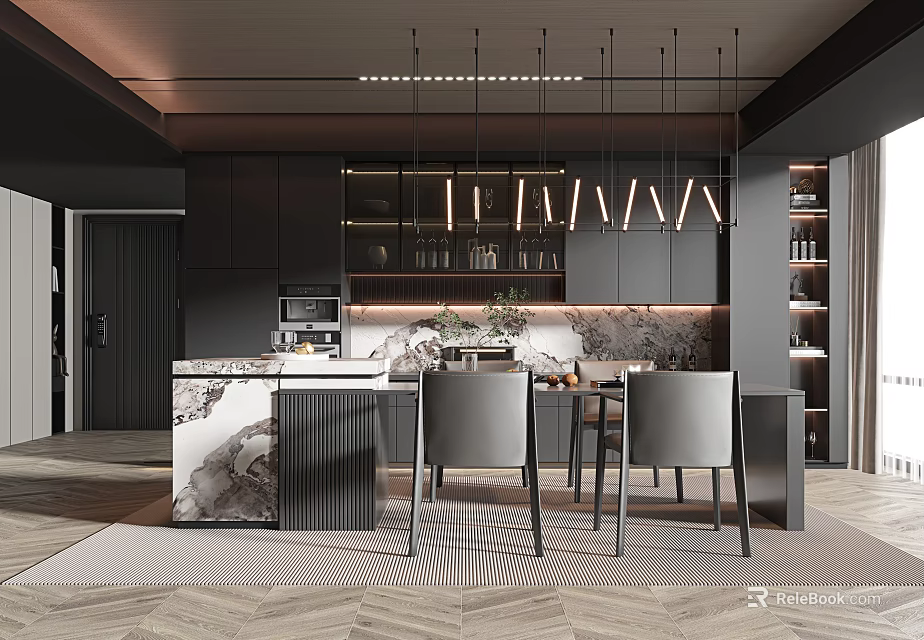 Modern Restaurant Interior Design With Open Layout Marble Counter And Pendant Lights 3d model 