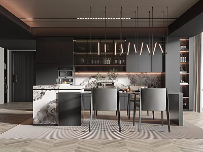 Modern Restaurant Interior Design With Open Layout Marble Counter And Pendant Lights 3d model