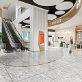 Spacious Modern Shopping Mall Lobby Featuring Circular Design Brand Stores And Blue Decorative Elements 3d model