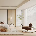 Modern Bedroom Interior With Wooden Bed Decorative Painting Area Rug And Plants