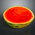 Cut Open Fresh Watermelon with Red Juicy Flesh Green Rind and Black Seeds