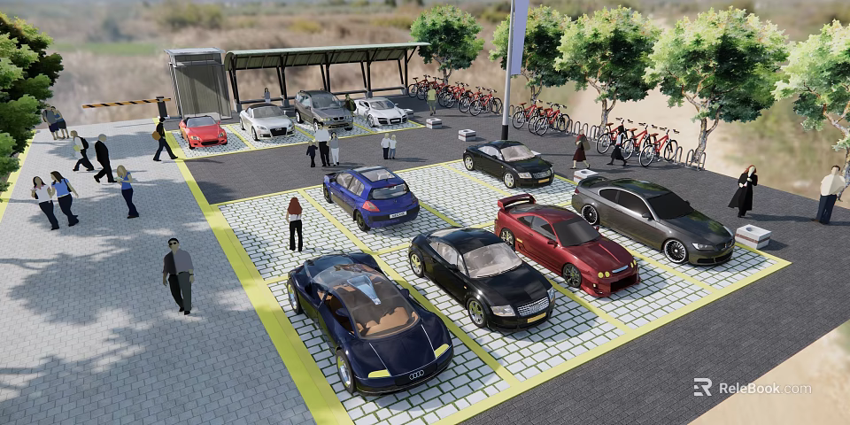 Different Car Models Parked In City Parking Lot With Bicycle Area And People 3d model 