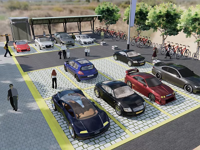 Different Car Models Parked In City Parking Lot With Bicycle Area And People 3d model