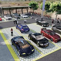 Different Car Models Parked In City Parking Lot With Bicycle Area And People