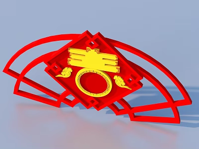 Traditional Chinese Red Decorative Ornament With Yellow Emblem And Arch Frame 3d model