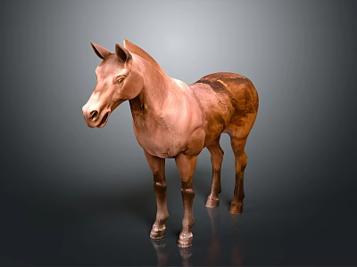 Realistic Brown Horse Statue Standing On Gray Background With Shiny Details 3d model