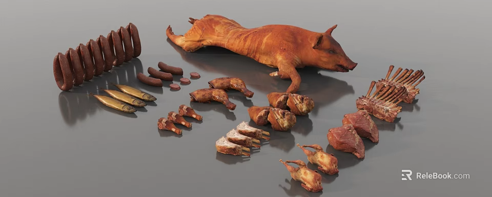 Delicious Roasted Whole Pig and Various Meat Products Including Sausages Ribs and Pieces 3d model 