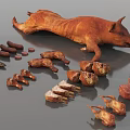 Delicious Roasted Whole Pig and Various Meat Products Including Sausages Ribs and Pieces