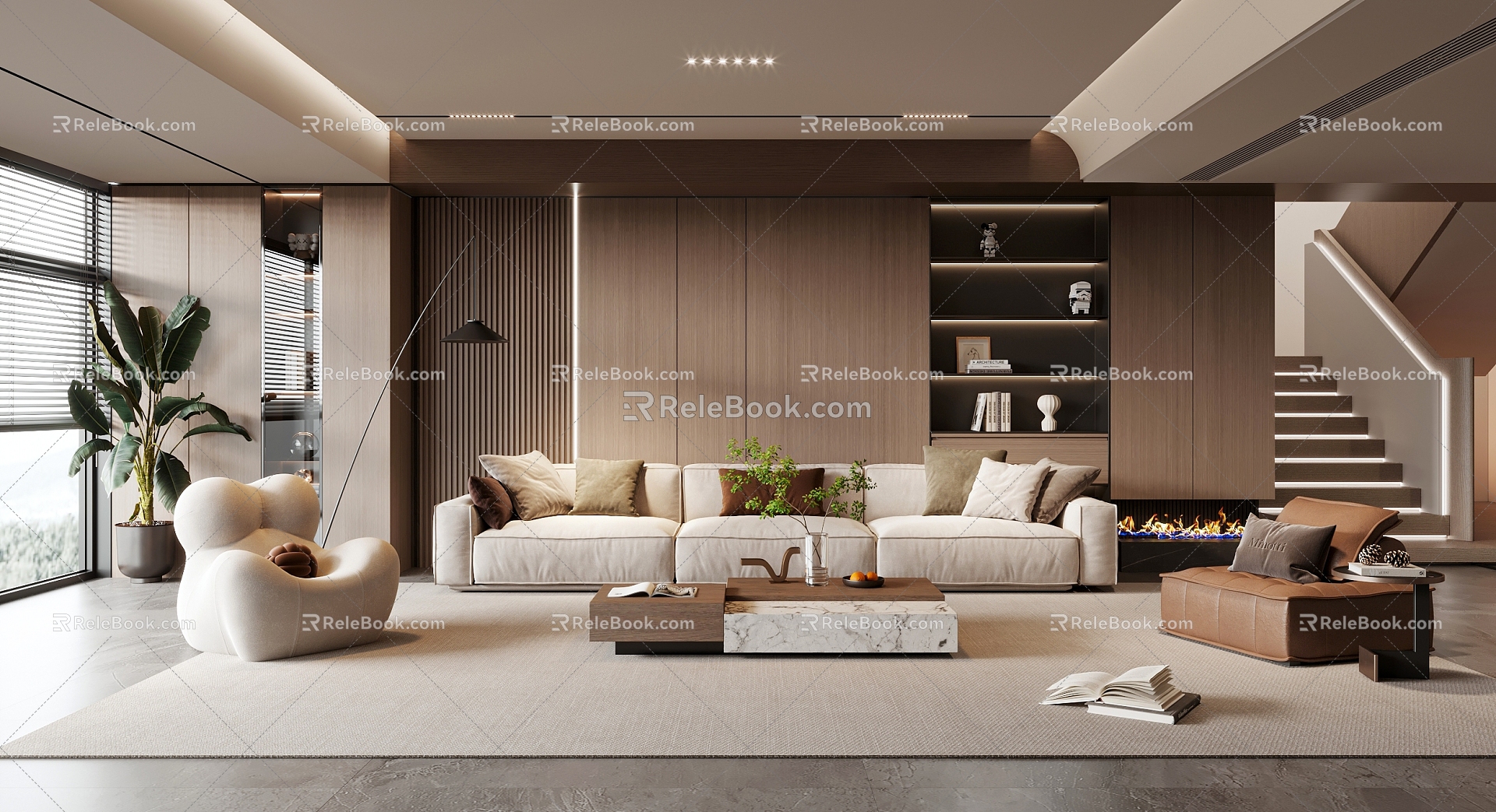 Modern Living Room Italian Leather Sofa Coffee Table Combination Decoration Floor Lamp 3d model