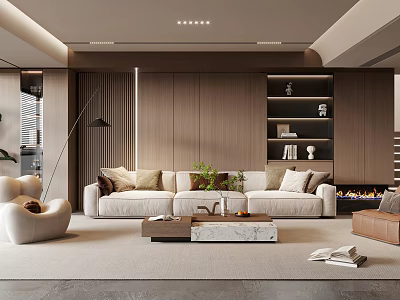 Modern Living Room Interior With Beige Sofa Wooden Bookshelf Fireplace And Green Plants 3d model