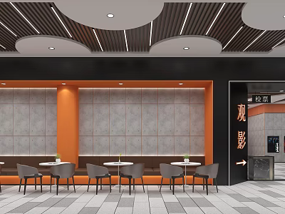Casual Dining Space With Wavy Wooden Ceiling Orange Pillars Gray Walls And Movie Viewing Area 3d model