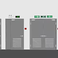 Interior View Of Grey Fire Doors With Green Exit Signs And Red Fire Equipment