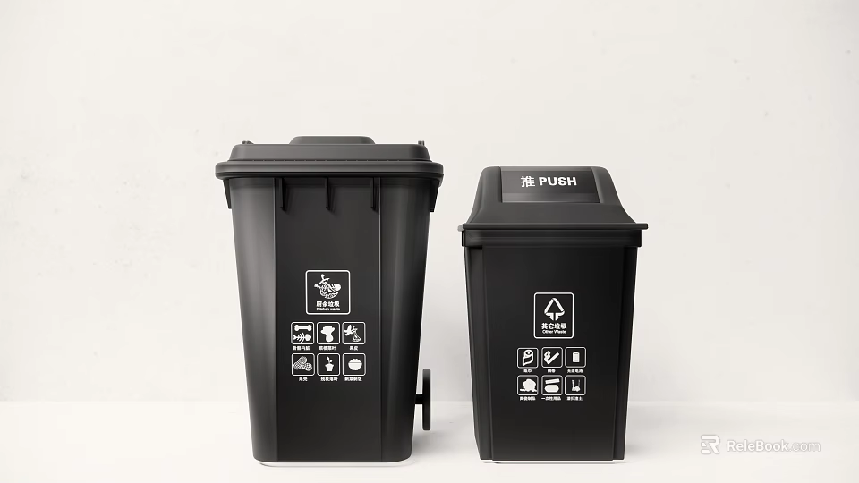 Public Facility Black Waste Bins With Foot Pedal Push Lid And Recycling Symbols 3d model 