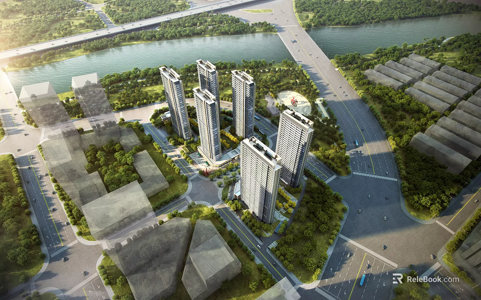 Aerial View Planning of Modern High Rise Buildings with River Green Areas and Surrounding Roads 3d model 