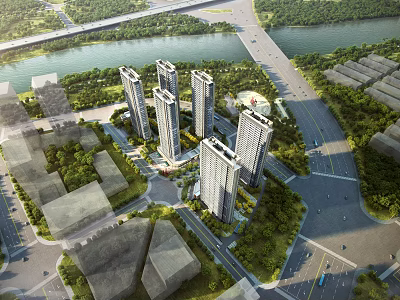 Aerial View Planning of Modern High Rise Buildings with River Green Areas and Surrounding Roads 3d model