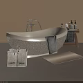 Textured Neutral Freestanding Bathtub With Modern Chrome Faucet Gray Towel Wooden Shelf And Floor Mat