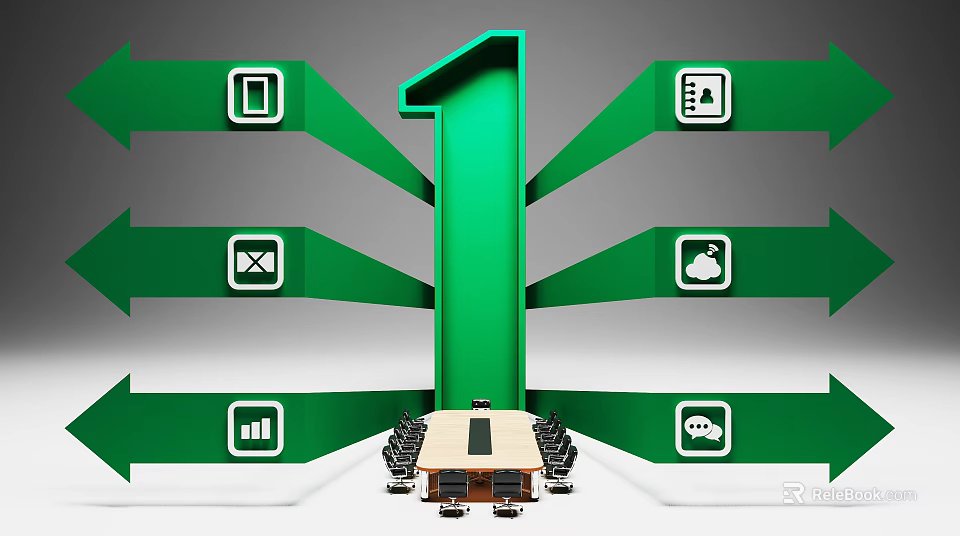 Leading Business Equipment With Functional Icons And Office Meeting Table Setup 3d model 