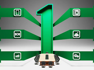 Leading Business Equipment With Functional Icons And Office Meeting Table Setup 3d model