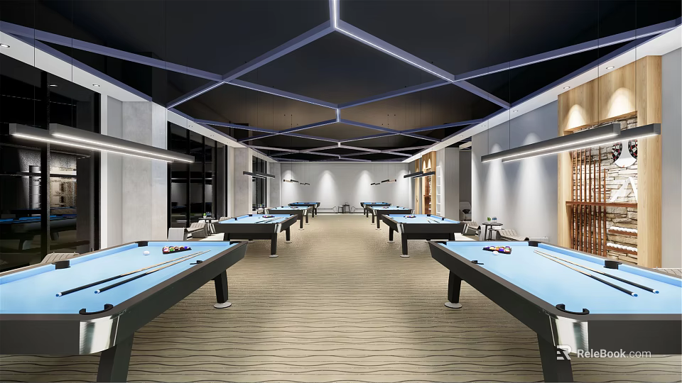 Modern Billiard Room Interior Featuring Multiple Pool Tables Blue Felt Wooden Flooring And Geometric Ceiling Design 3d model 