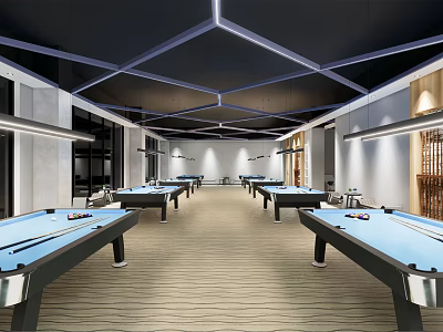 Modern Billiard Room Interior Featuring Multiple Pool Tables Blue Felt Wooden Flooring And Geometric Ceiling Design 3d model