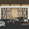 Modern Living Room Interior With Wooden Ceiling Open Shelves Sofa And Coffee Table
