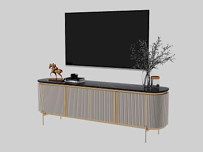 Modern TV Stand with Gold Legs Vertical Stripes Horse Figurine and Vase 3d model