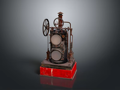 Vintage Mechanical Device Model With Two Circular Components Large Wheel Metal Structure And Red Base 3d model