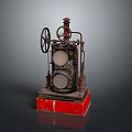 Vintage Mechanical Device Model With Two Circular Components Large Wheel Metal Structure And Red Base