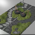 Microtopography Garden Design with Green Grass Stepping Stones and Small Shrubs