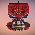 Cartoon Flying Airship With Red Blue Sails Dragon Patterns Yellow Hull And Flaming Details