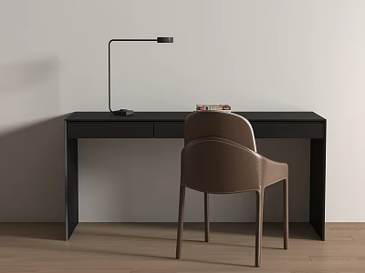 Modern Desk Interior Design With Brown Chair And Black Table Lamp 3d model