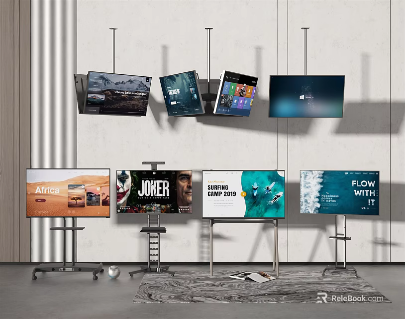 Multiple Televisions Wall Mounted and Stand Placed with Various Screen Displays 3d model 