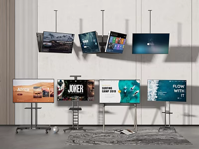 Multiple Televisions Wall Mounted and Stand Placed with Various Screen Displays 3d model