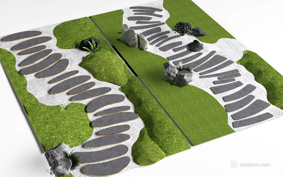 Garden Path Design Featuring Stone Stepping Stones Green Grass And Natural Rocks 3d model 