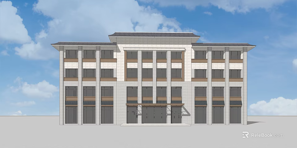 Modern Office Building Exterior With Multiple Floors Large Windows And Stone Facade 3d model