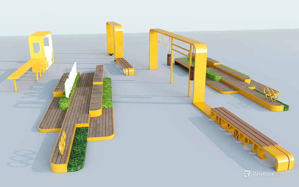 Modern Outdoor Landscape Seating With Yellow Frames Wooden Seats And Green Plants 3d model 