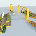 Modern Outdoor Landscape Seating With Yellow Frames Wooden Seats And Green Plants