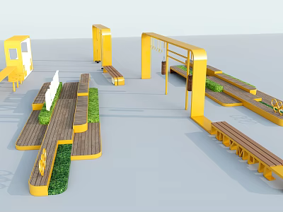 Modern Outdoor Landscape Seating With Yellow Frames Wooden Seats And Green Plants 3d model