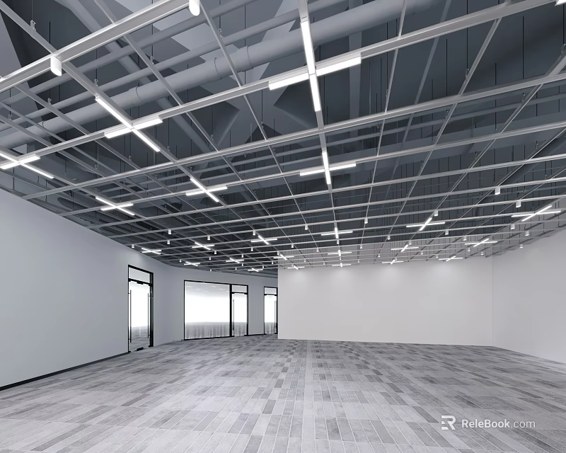 Industrial Ceiling Design With Metal Framework Linear Lights Spacious Room White Walls Gray Wooden Flooring 3d model 