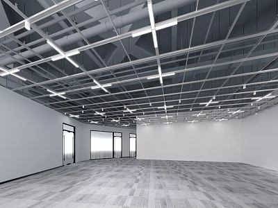Industrial Ceiling Design With Metal Framework Linear Lights Spacious Room White Walls Gray Wooden Flooring 3d model