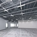 Industrial Ceiling Design With Metal Framework Linear Lights Spacious Room White Walls Gray Wooden Flooring