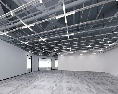 Industrial Ceiling Design With Metal Framework Linear Lights Spacious Room White Walls Gray Wooden Flooring 3d model