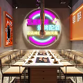 Industrial Modern Restaurant Interior With Yellow Walls Metal Tables Chairs Hanging Lamps And Black Accents