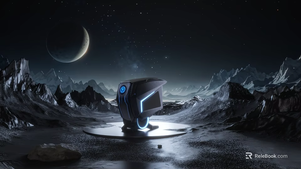 Futuristic Tech Computer with Blue Lighting in Space Background Featuring Moon and Mountains 3d model 