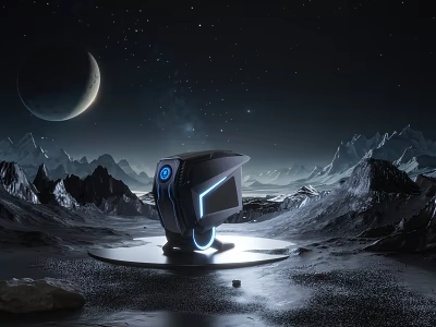 Futuristic Tech Computer with Blue Lighting in Space Background Featuring Moon and Mountains 3d model